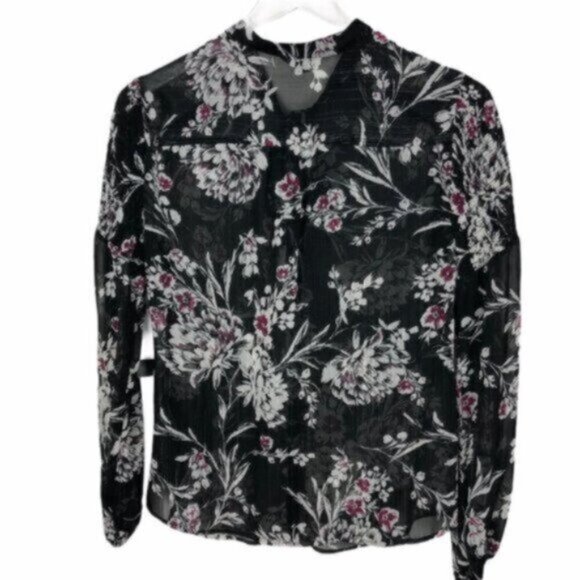 NWT Guess | Women's Silver & Black Sheer Floral Blouse Size Small - Picture 11 of 12